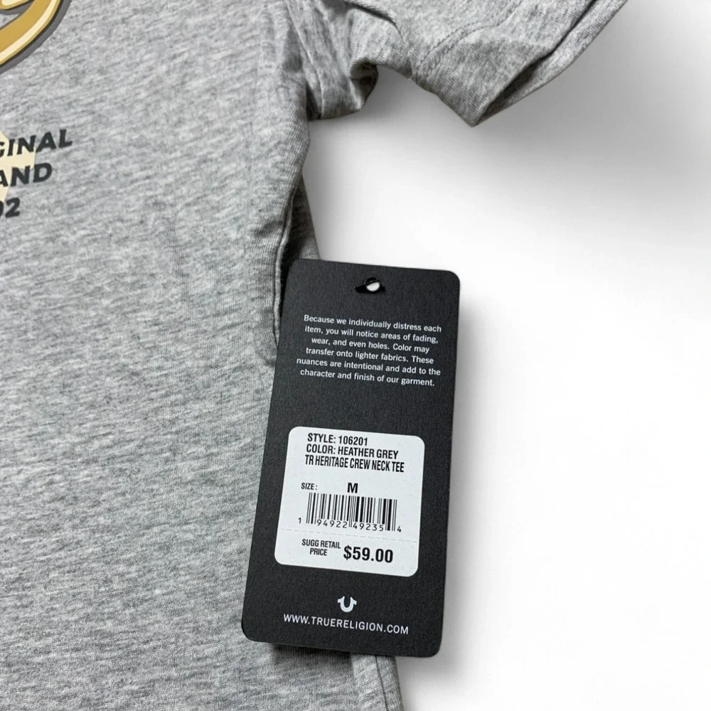 True Religion Buddha Logo Graphic T-Shirt Mens M Heather Gray Crew Old Skool NWT - Picture 3 of 7